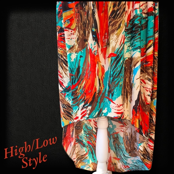 Women's High Low Silk Multi Color Artist Stretch Frill Dress Size XXL - Picture 4 of 8